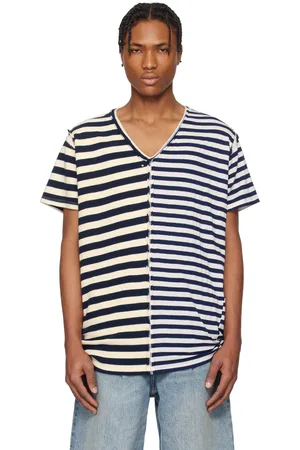 GREG LAUREN Navy & Off-White Slit Striped T-shirt