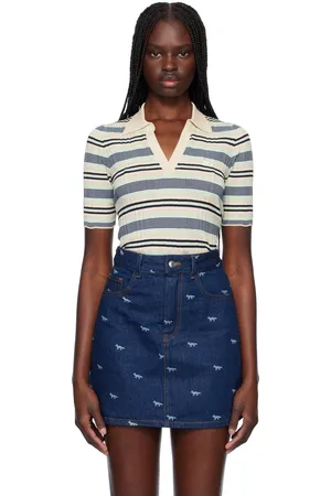 Maison Kitsuné Beige & Blue Fine Rib Striped Polo