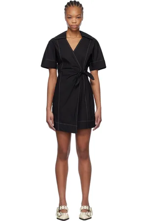 Ganni Black Cotton Poplin Wrap Minidress