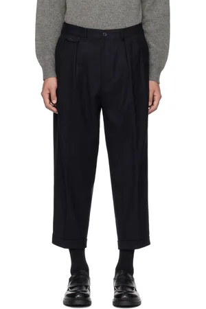 Beams Navy 2 Pleats Flannel Tapered Trousers