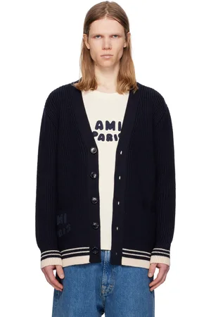 Ami Navy Wool Ribbed Cardigan