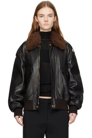 VERSACE Black Shearling Collar Leather Bomber Jacket