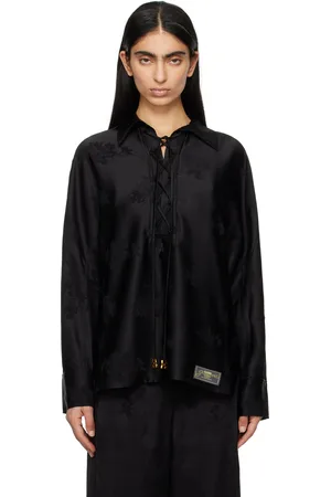 Ganni Black Satin Jacquard Tie String Shirt