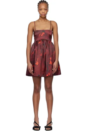 Ganni Burgundy Floral Print Satin Strap Minidress