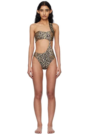 VERSACE Brown & Black Greca Border One-Piece Swimsuit