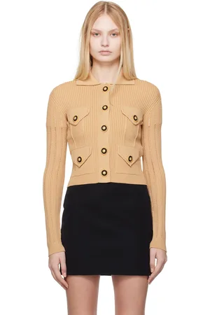 Balmain Tan Cropped Ribbed Knit Cardigan