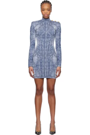 Balmain Blue Jacquard Denim Effect Minidress