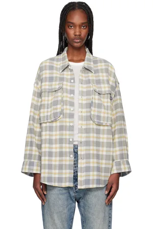 R13 Off-White & Yellow Oversized Pocket Drop Neck Shirt