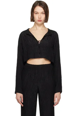 Silk Laundry Crinkle Collarless Crop Shirt