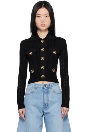 Balmain Black Cropped Ribbed Knit Cardigan