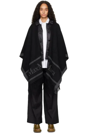 Max Mara Black Jacquard Logo Wool Poncho Scarf
