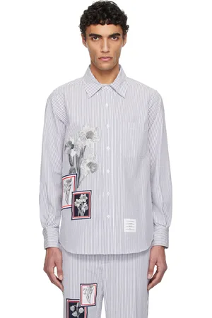 Thom Browne Navy & White Seersucker Framed Floral Shirt