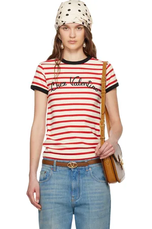 VALENTINO Red & Off-White Striped Jersey Cotton T-shirt