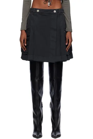DION LEE Black Kilt Denim Midi Skirt