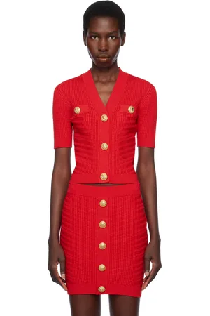 Balmain Red Buttoned Knit Cropped Cardigan