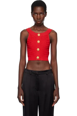 Balmain Red Buttoned Boatneck Knit Cropped Tank Top