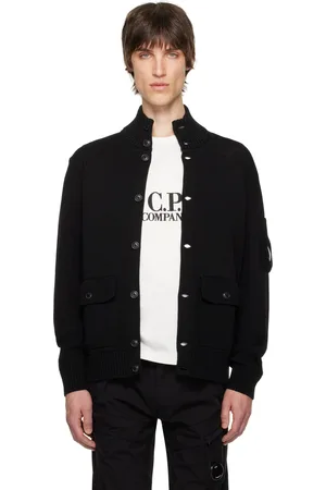 C.P. Company Black Compact Cotton Full Button Lens Knit Cardigan