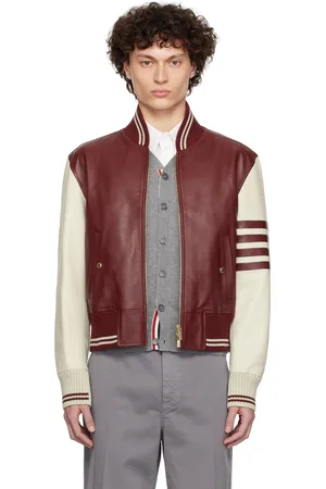Thom Browne Burgundy & Off-White Classic 4-Bar Leather Bomber Jacket