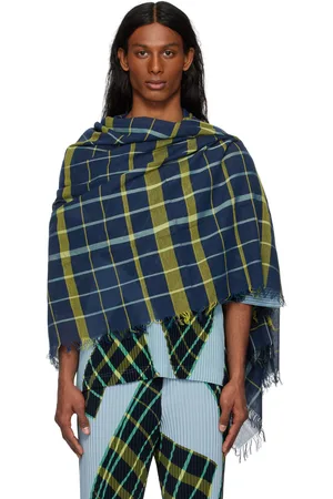 Issey Miyake Navy & Green Plaid Stole Scarf