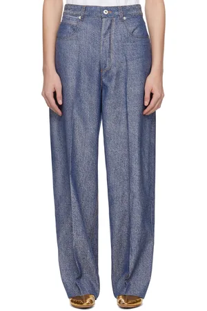 Bottega Veneta Blue & White Denim Jacquard Wide Leg Trousers