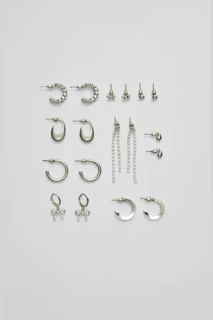 Stradivarius Set of 9 hoop and rhinestone earrings OS