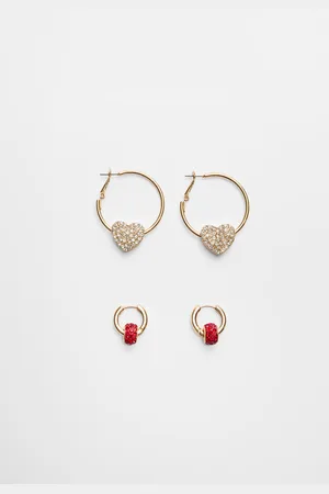 Stradivarius Set of 2 rhinestone heart hoop earrings OS