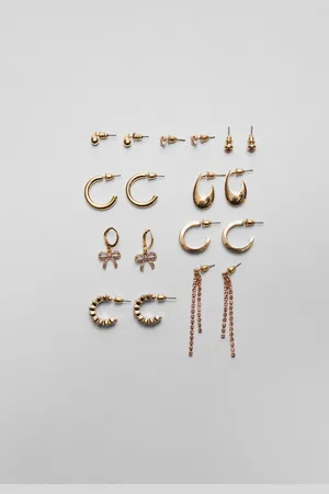 Stradivarius Set of 9 hoop and rhinestone earrings OS