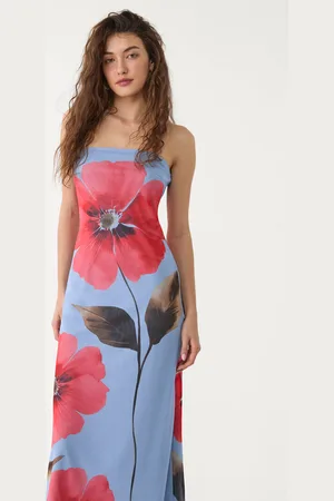 Stradivarius Long printed tulle dress with bandeau neckline XS