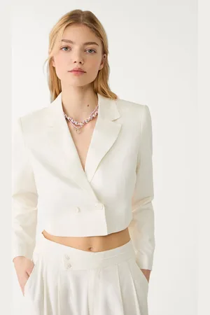 Stradivarius Linen blend cropped blazer with tied back XL