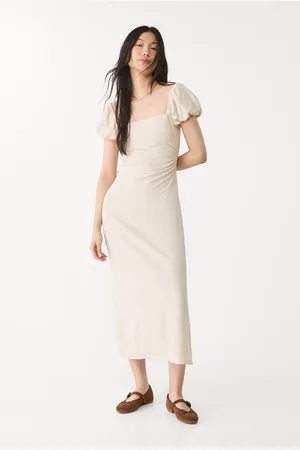 Stradivarius Linen blend puff sleeve midi dress L