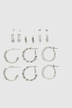 Stradivarius Set of 9 rhinestone and pearl bead hoop earrings OS