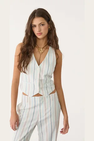 Stradivarius Striped linen blend waistcoat with back vent XS