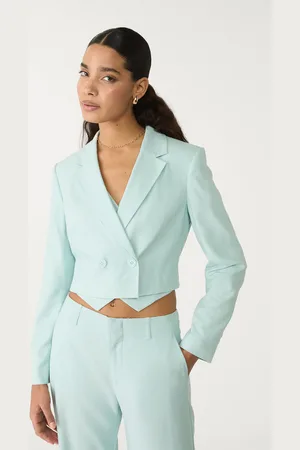 Stradivarius Linen blend cropped blazer with tied back XS