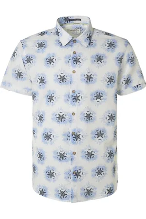 No Excess Short Sleeve Shirt Linen Print Blue size L