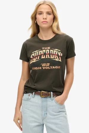 Superdry Ladies Slim Fit Embellished Graphic 70S Rock Band Cap Sleeve T-Shirt, Black and Orange, Size: 8