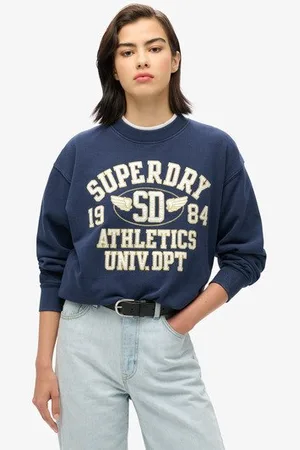 Superdry Ladies Classic College Script Loose Sweatshirt, Navy Blue and White, Size: 10