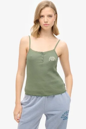 Superdry Ladies Slim Fit Embroidered Logo Athletic Essentials Button Down Cami Top, , Size: 14-16