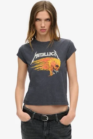Superdry Metallica x Ladies Classic Graphic Print Cap Sleeve Band T-Shirt, , Size: 12