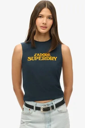 Superdry Ladies Slim Fit Logo Print Sport Luxe Graphic Fitted Tank Top, Blue, Size: 12