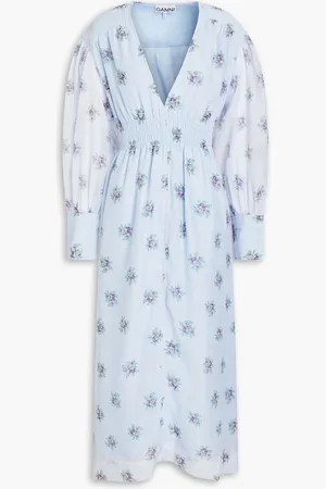 Ganni Floral-print organza midi dress - Blue - DE 40