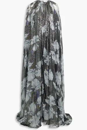 Halston Heritage Nicoletta cape-effect metallic floral-print silk-blend gown - Metallic - US 4