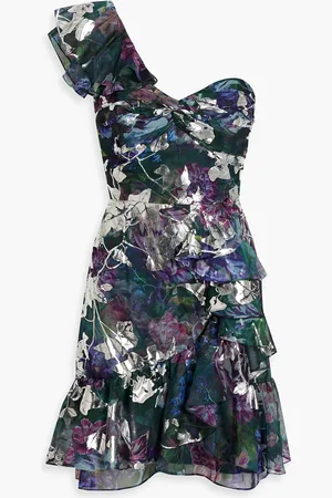 Marchesa Notte One-shoulder metallic floral-print chiffon mini dress - Green - US 8