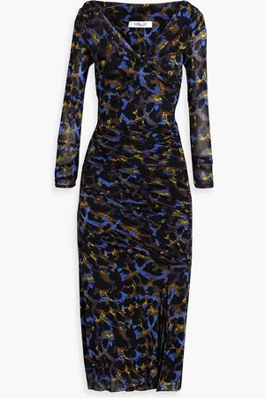 Diane von Furstenberg Ganesa off-the-shoulder ruched leopard-print stretch-mesh midi dress - - L