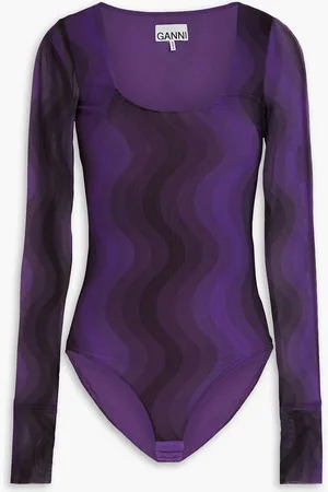 Ganni Printed stretch-mesh bodysuit - Purple - DE 42