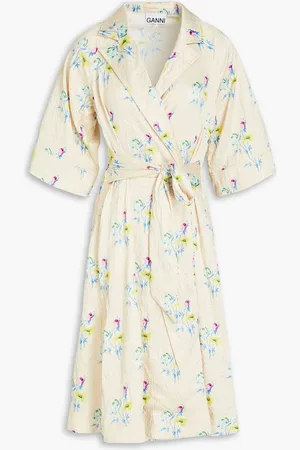 Ganni Floral-print crinkled-satin wrap dress - Neutral - DE 36