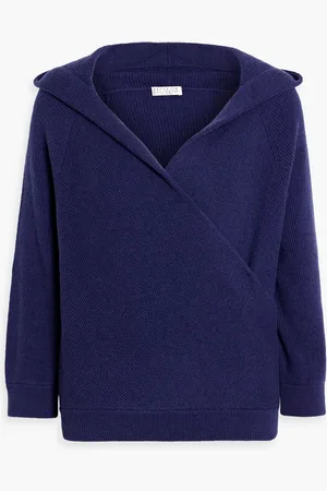 Brunello Cucinelli Wrap-effect ribbed cashmere hooded sweater - Blue - M
