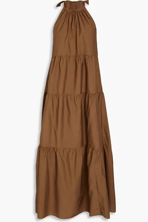 THEORY Gathered cotton-blend poplin halterneck midi dress - Brown - L