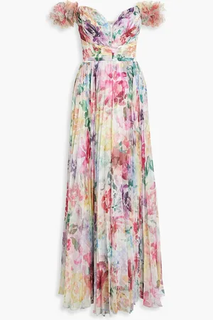 Marchesa Notte Off-the-shoulder pleated printed chiffon gown - - US 4