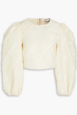 Ganni Cropped frayed taffeta top - Neutral - DE 40