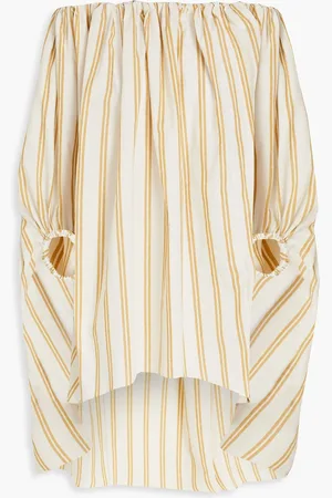 Oscar de la Renta Off-the-shoulder striped cotton and ramie-blend top - Neutral - US 6